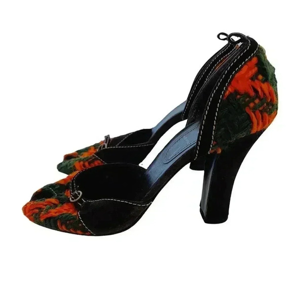 SOLD Miu Miu Y2K Green and Orange Yarn Abstract Rounded Chunky Heels - Picture 3 of 12